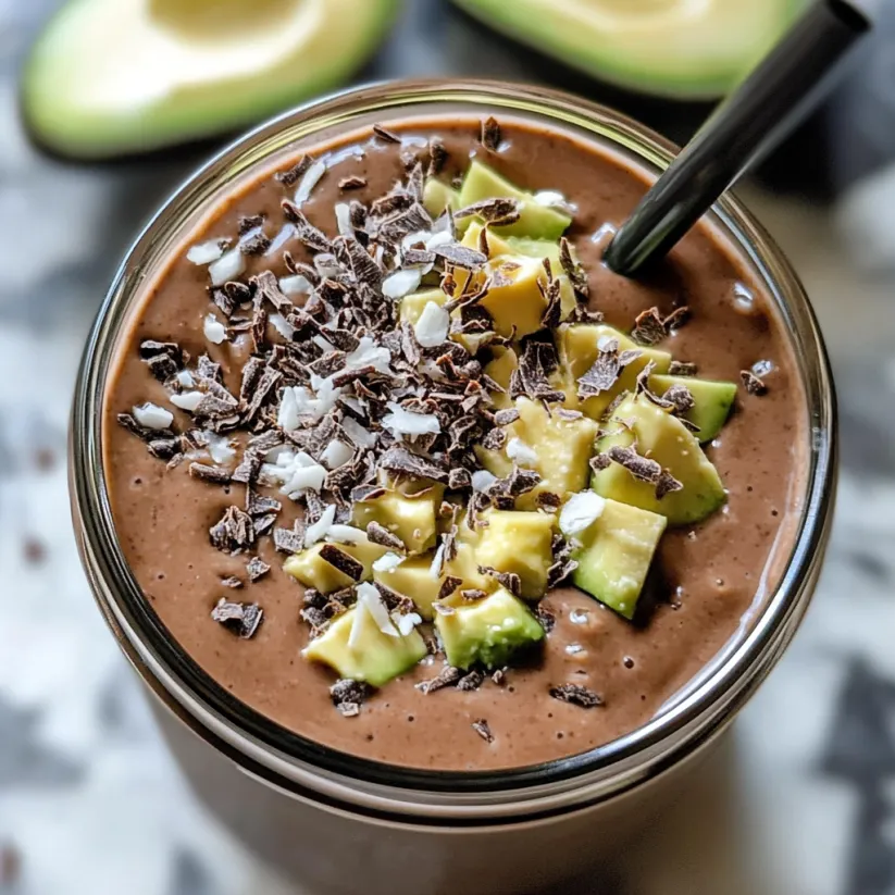 A glass of chocolate avocado smoothie.
