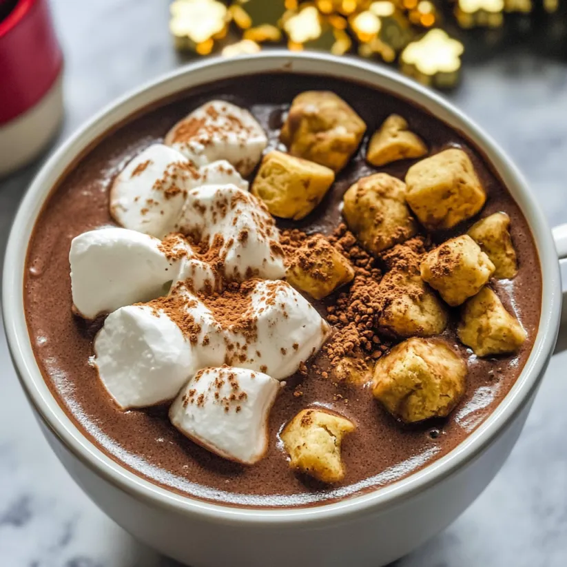 A cup of hot chocolate with marshmallows and nuts.