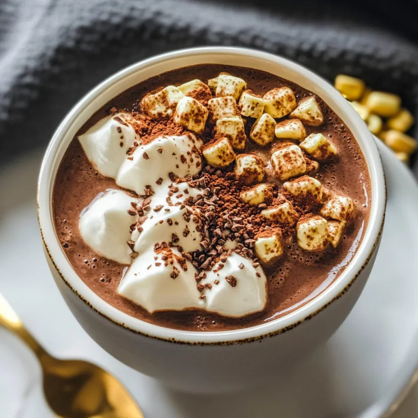 A cup of hot chocolate with whipped cream and marshmallows.