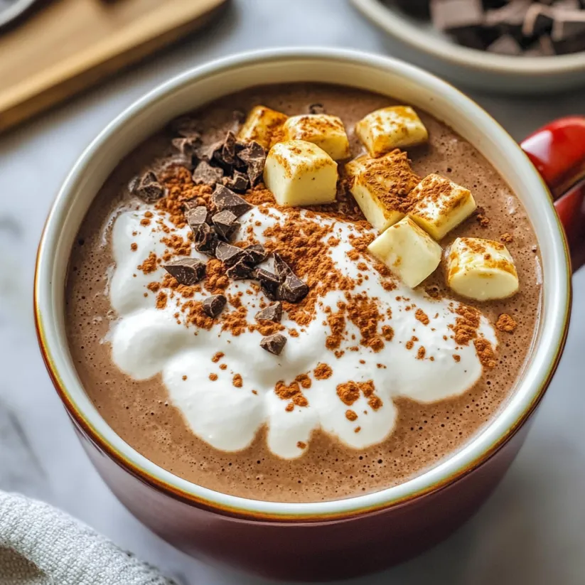 A cup of hot chocolate with whipped cream and chocolate chips.