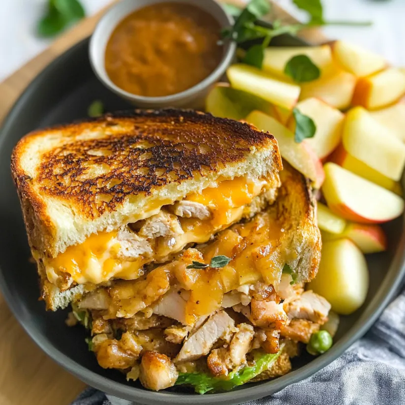A sandwich with chicken and cheese on a plate.