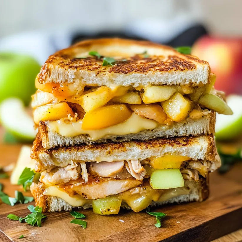 A sandwich with chicken, cheese, and apple slices.