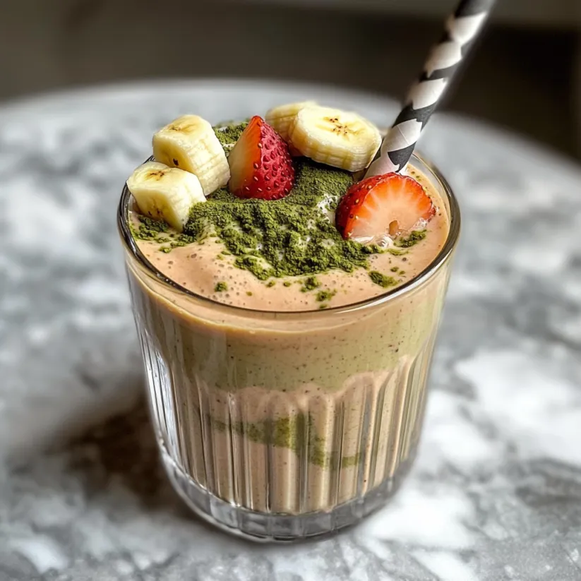 A glass of a strawberry matcha smoothie with banana.