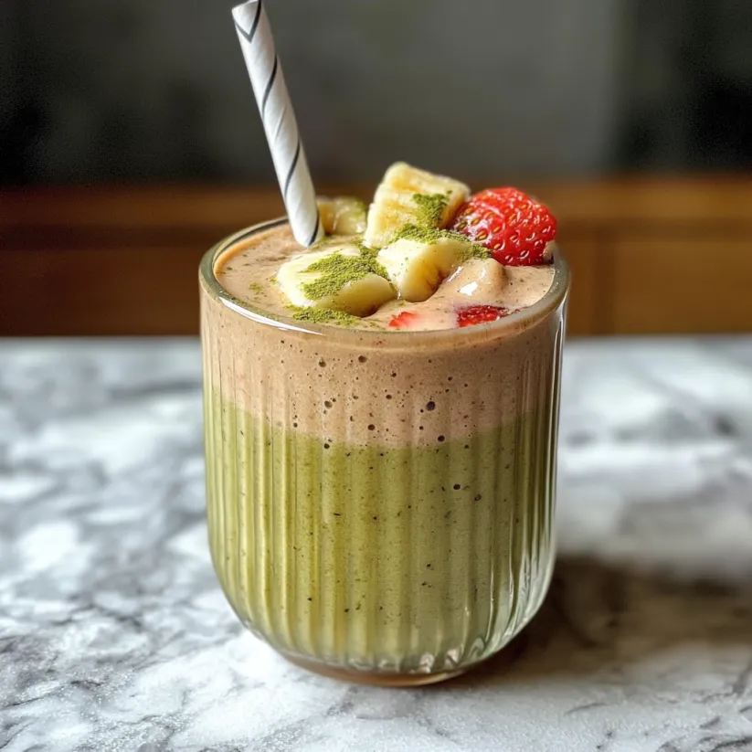 A glass of a green smoothie with banana and strawberry.
