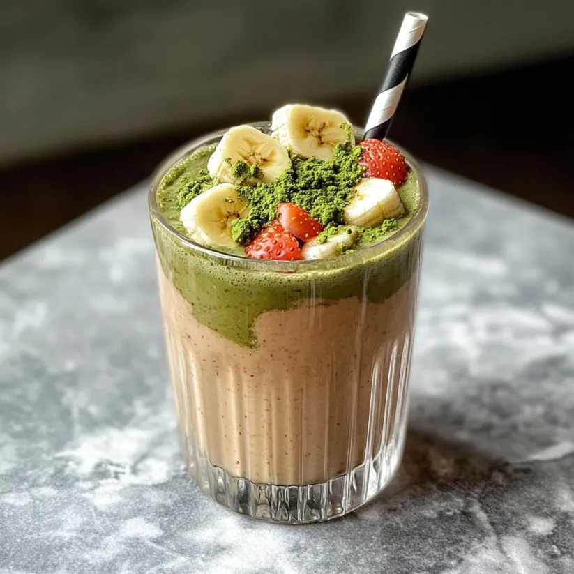A glass of a green smoothie with bananas and strawberries.