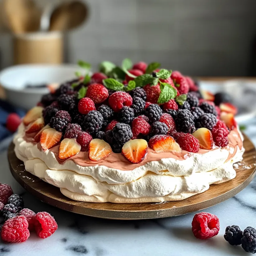 A double stacked berry pavlova cake.
