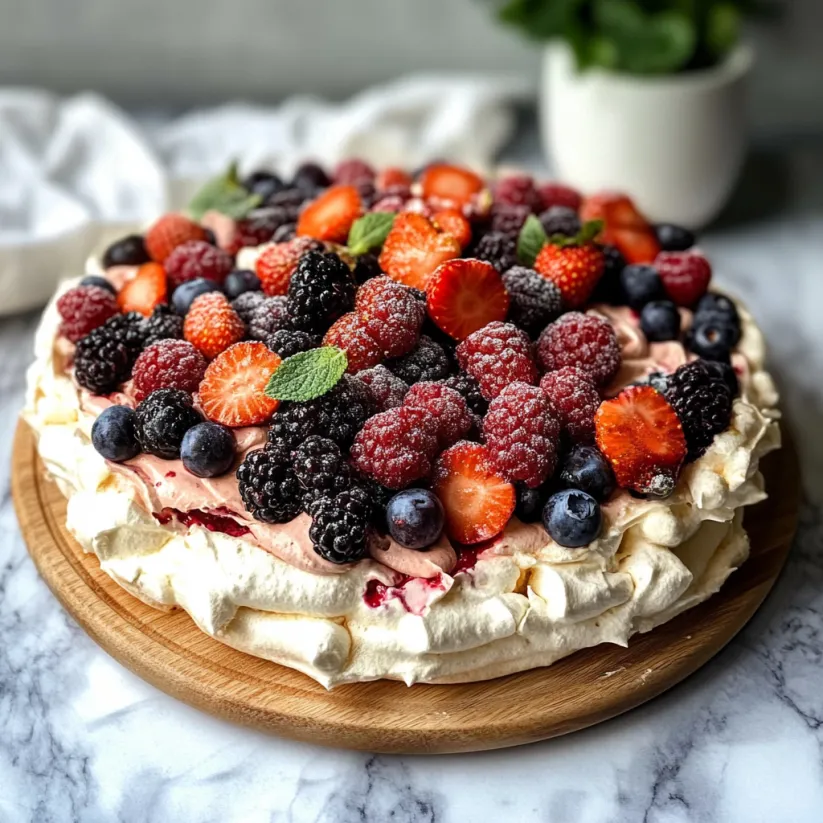 A double stacked berry pavlova cake.