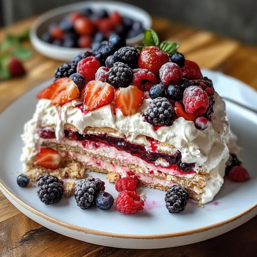 A double stacked berry pavlova cake on a plate.