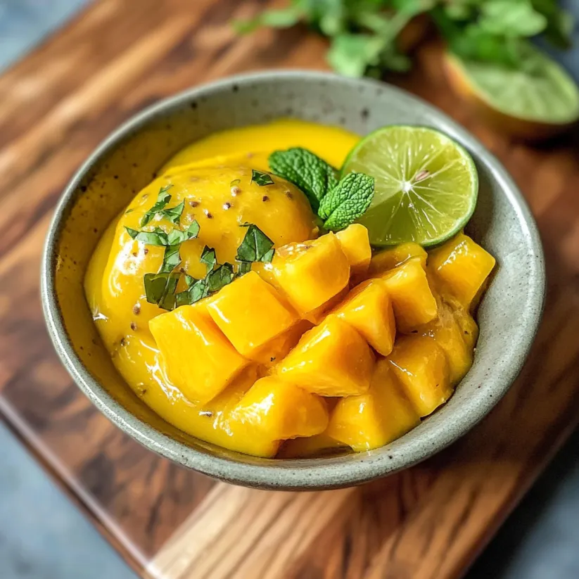 A bowl of mango sorbet with lime wedges on top.