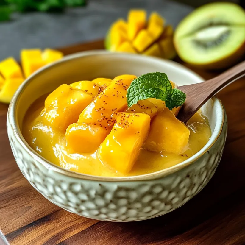 A bowl of mango sorbet with a spoon in it.