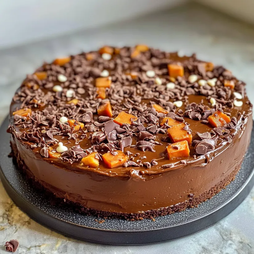 A slice of chocolate cake with chocolate chips and caramel on top.