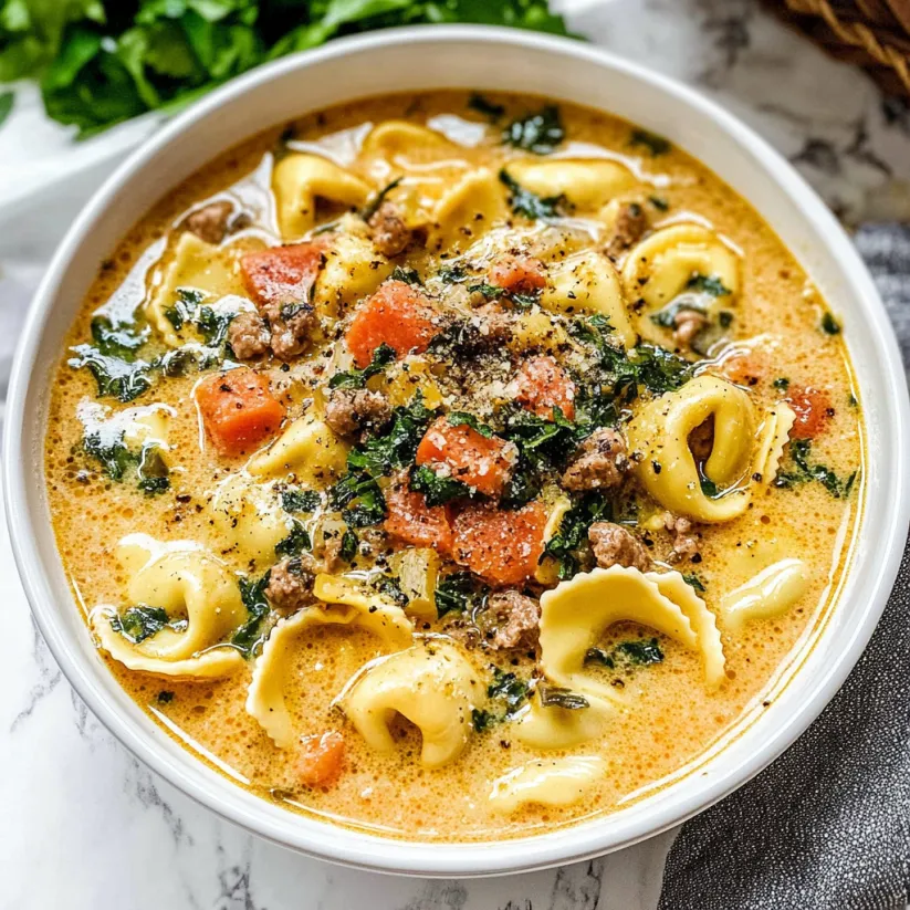 A bowl of creamy tortellini soup.