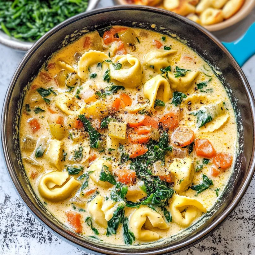 A bowl of creamy tortellini soup.