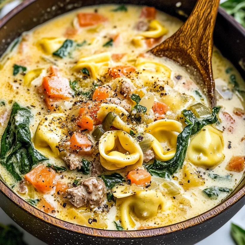 A bowl of creamy tortellini soup with vegetables.