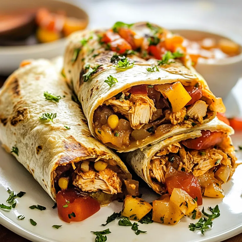 Two chicken burritos on a plate.