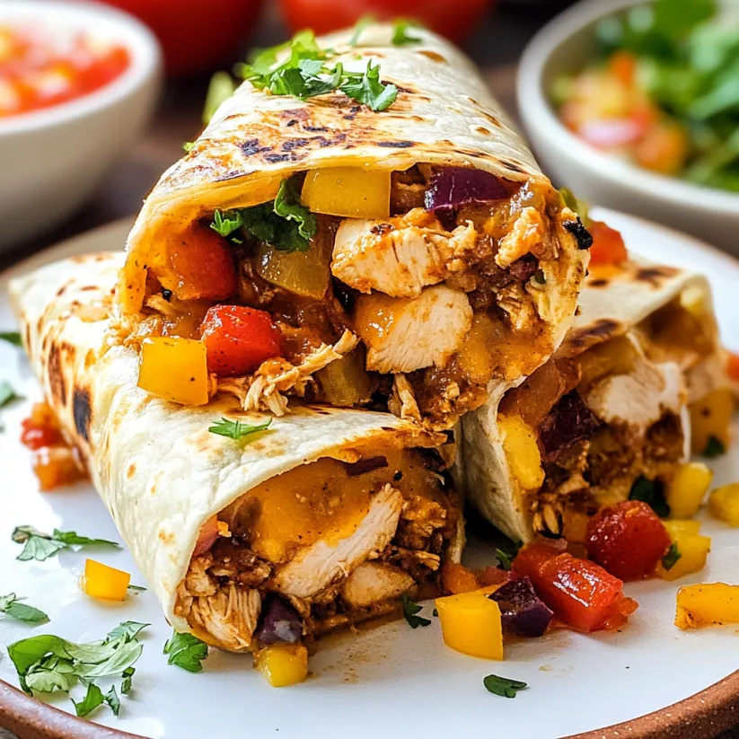 A plate of chicken burritos with tomatoes and onions.