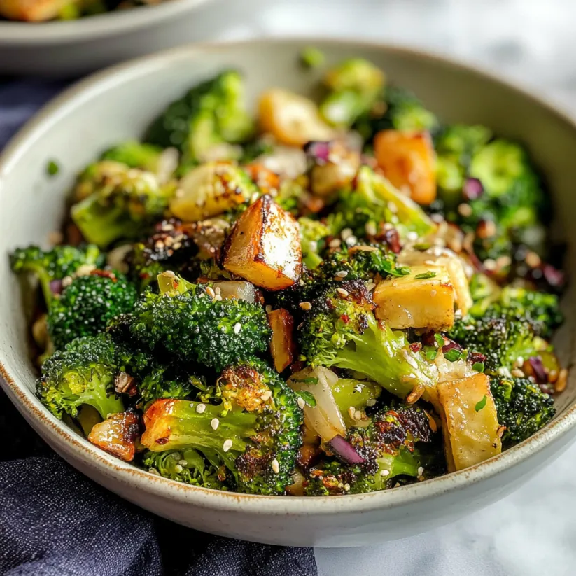A bowl of broccoli salad with sesame seeds.
