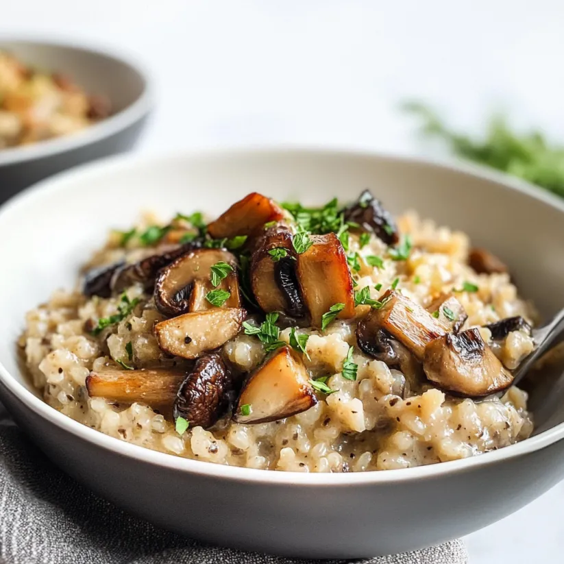 A bowl of creamy vegan mushroom risotto.