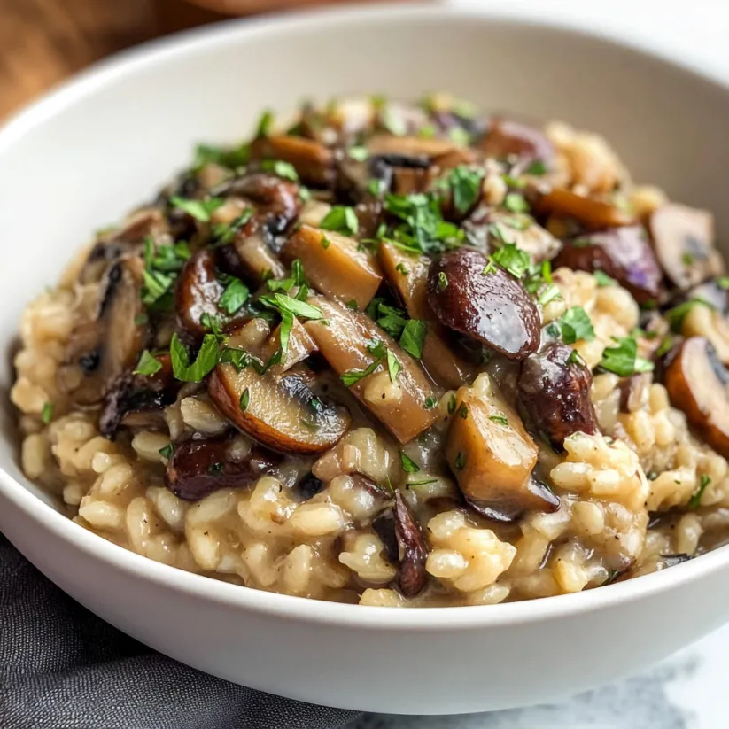 A bowl of creamy vegan mushroom risotto.