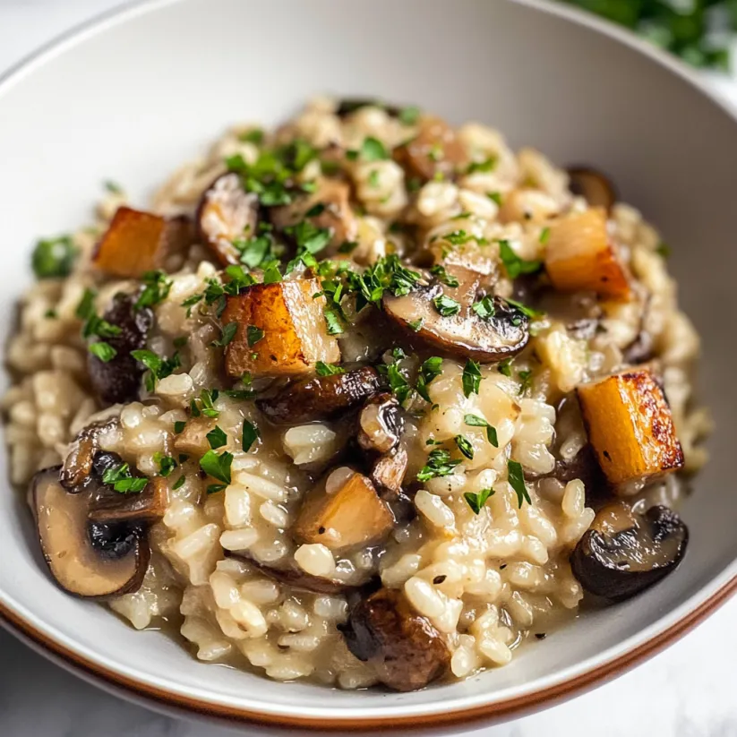A bowl of creamy vegan mushroom risotto.