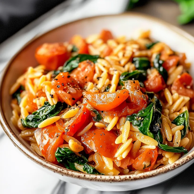A bowl of pasta with tomatoes and spinach.
