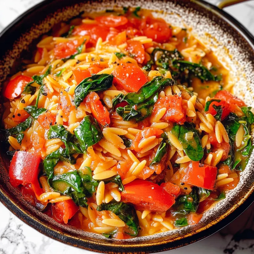 A bowl of pasta with tomatoes and spinach.