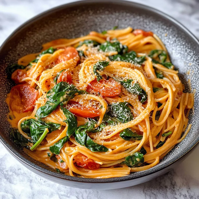 A bowl of pasta with tomatoes and spinach.