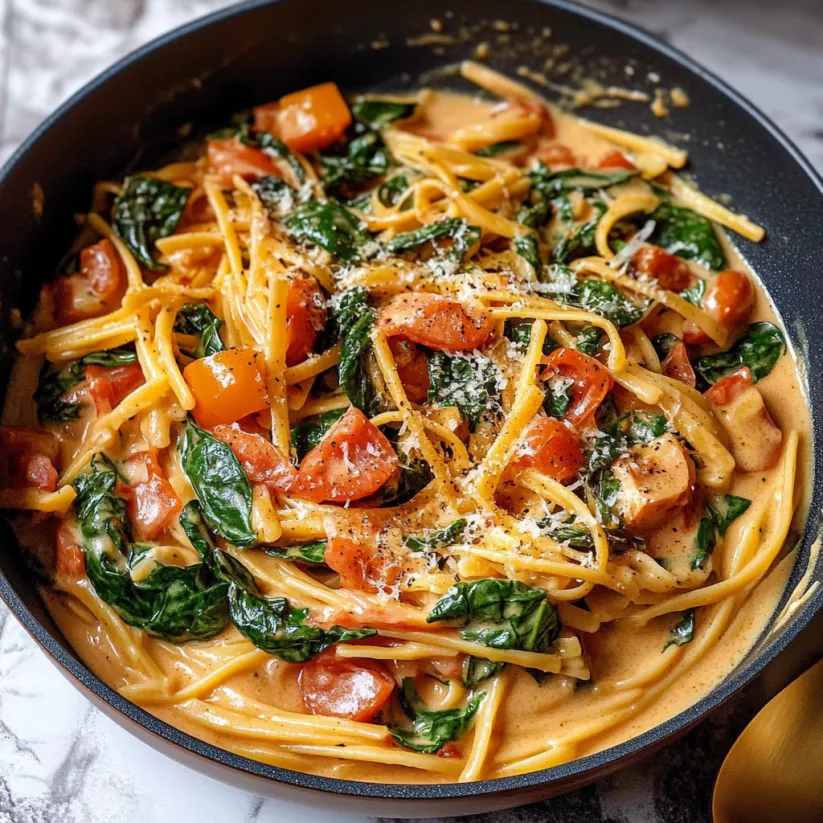 A bowl of pasta with tomatoes and spinach.