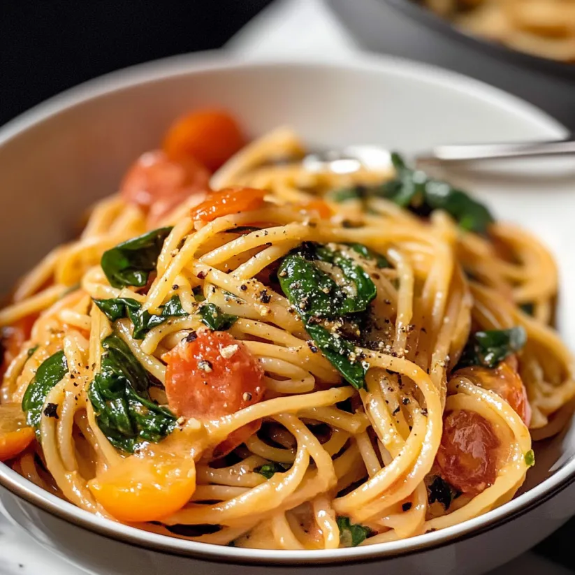 A bowl of pasta with tomatoes and spinach.