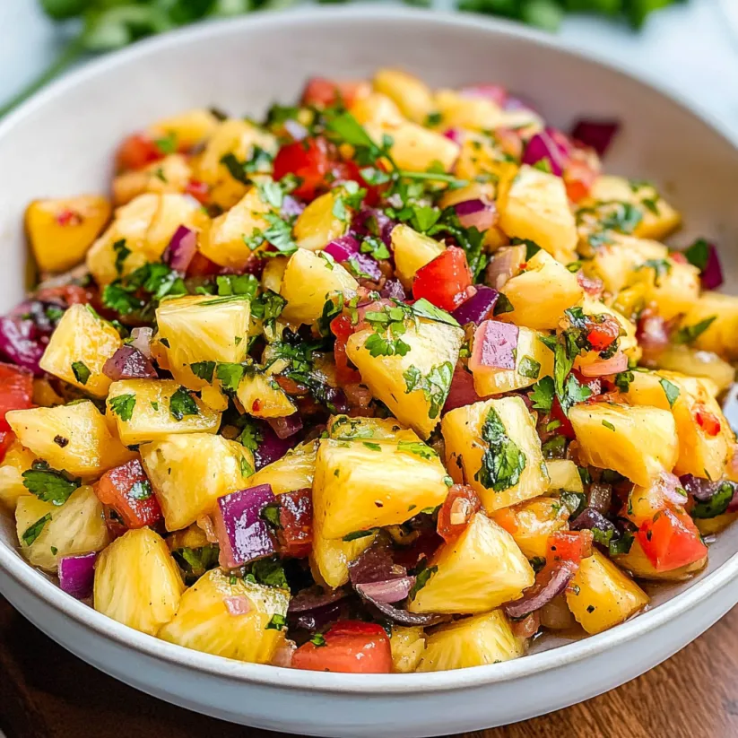 A bowl of pineapple salsa with tomatoes and onions.