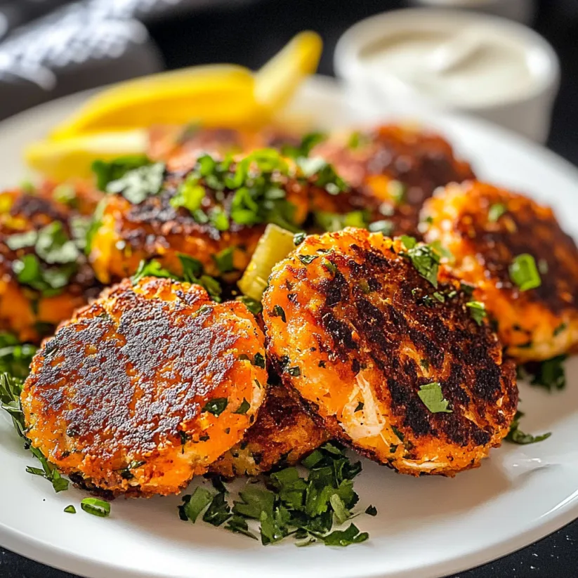 A plate of salmon patties with a side of sauce.
