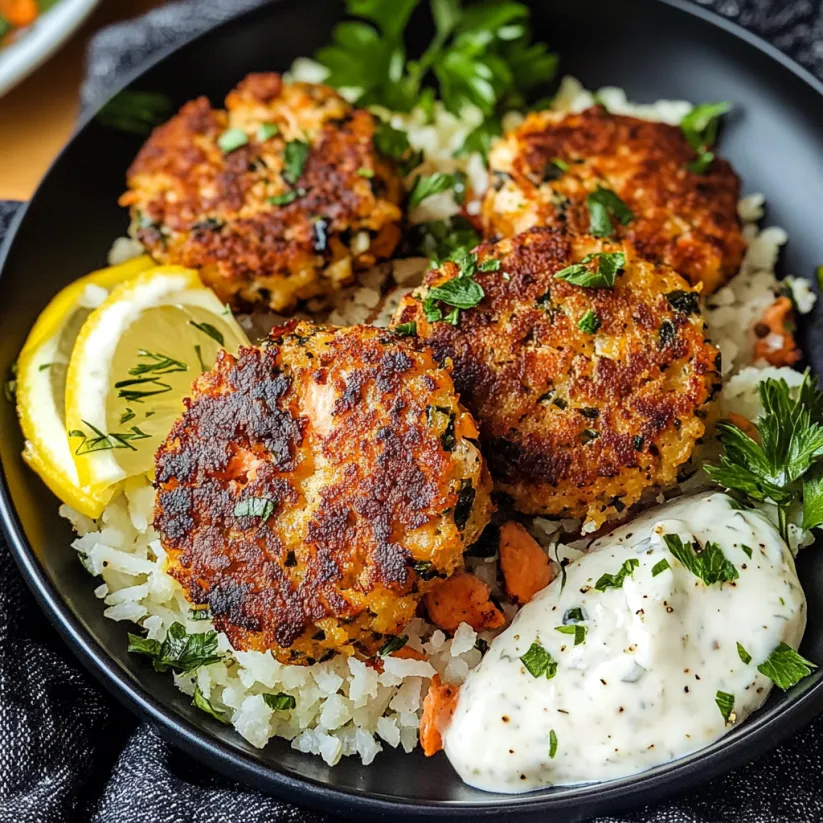 A bowl of salmon patties with rice and sauce.