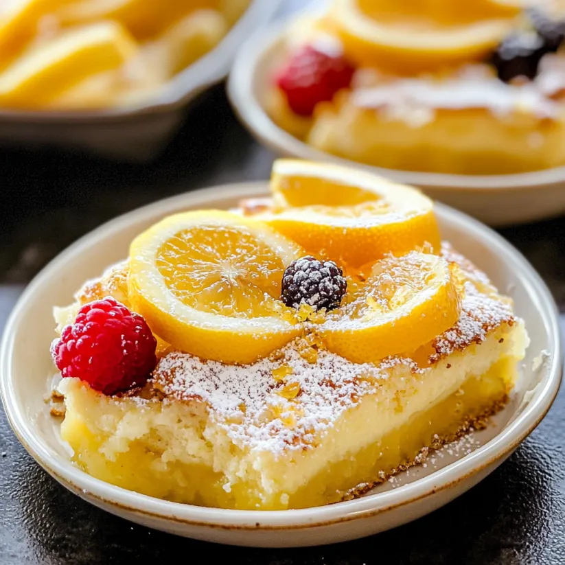 A slice of lemon pudding cake with raspberries on top.