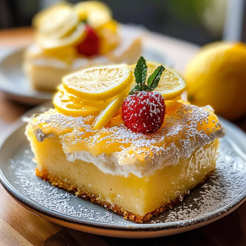 A slice of lemon pudding cake with a strawberry on top.