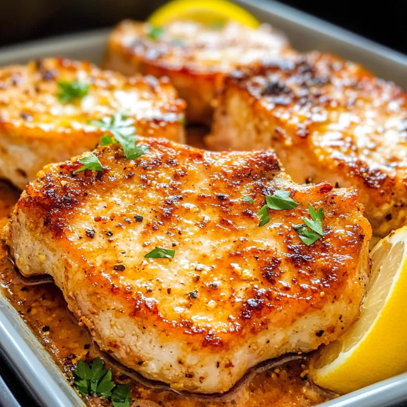 Air fryer pork chops with lemon and herbs.