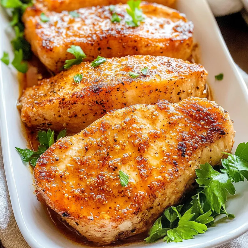 A white plate with cooked pork chops.