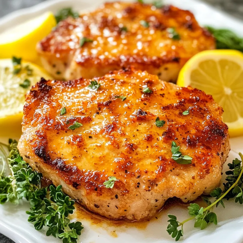 Air fryer pork chops with lemon wedges.