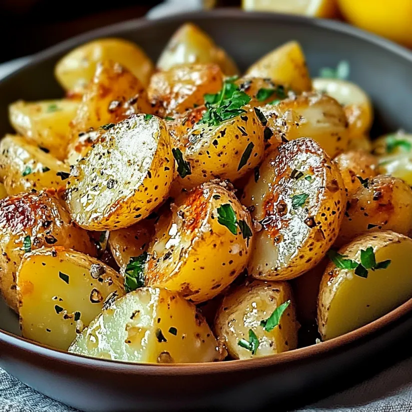 A bowl of potatoes with herbs and lemon.