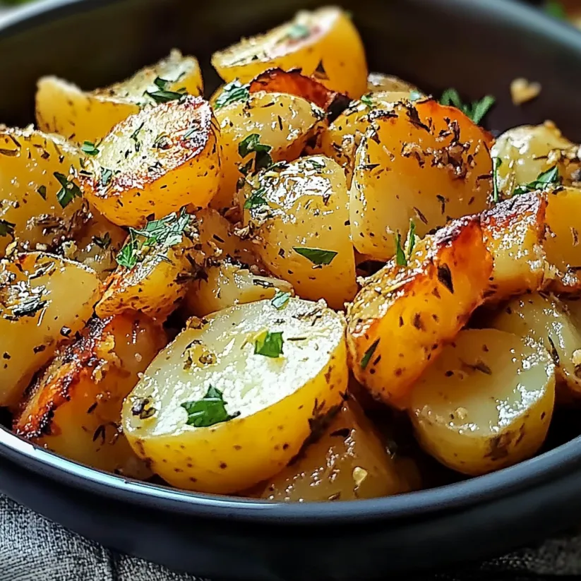 A bowl of potatoes with herbs and spices.
