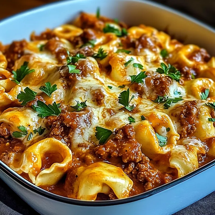 A bowl of cheesy beef enchilada tortellini.