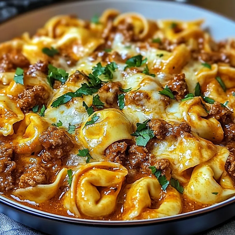 A plate of food with a cheesy beef enchilada tortellini.