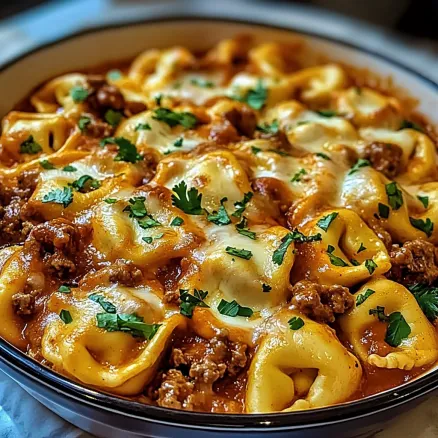 A bowl of cheesy beef enchilada tortellini.