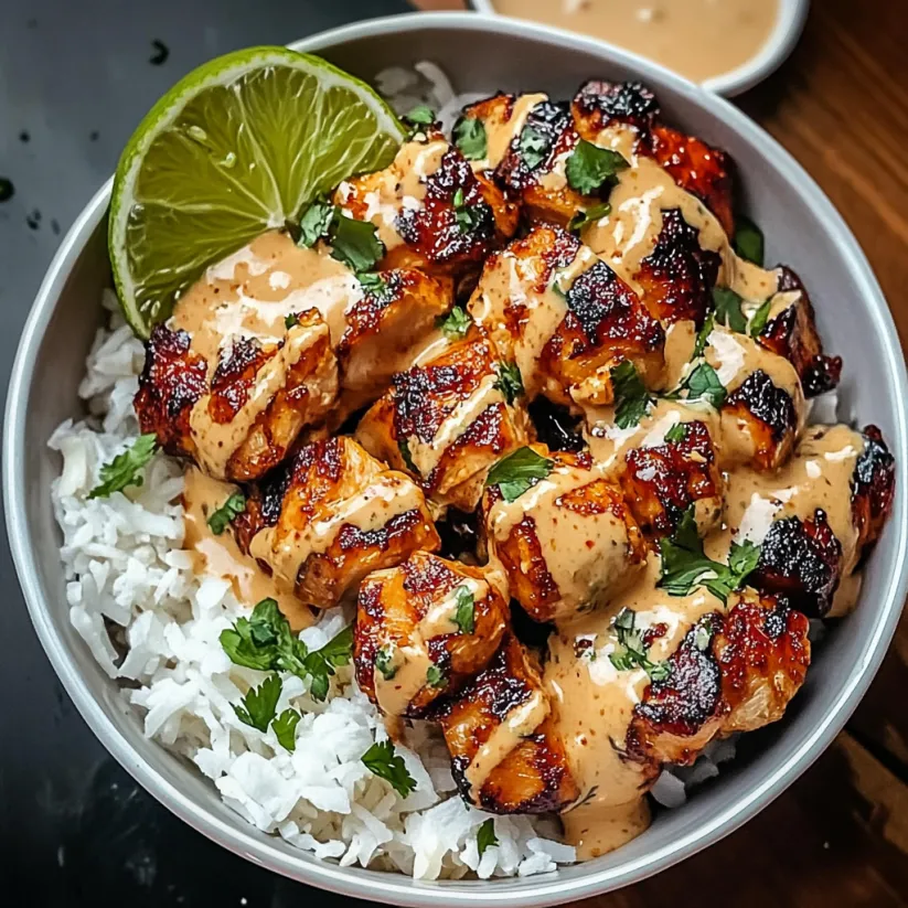 A bowl of chicken with a sweet chili sauce and coconut lime drizzle.