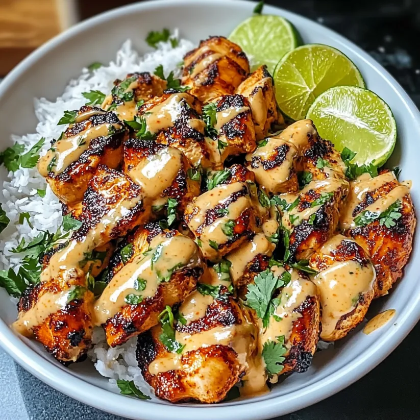 A bowl of chicken with a sweet chili sauce and coconut lime drizzle.