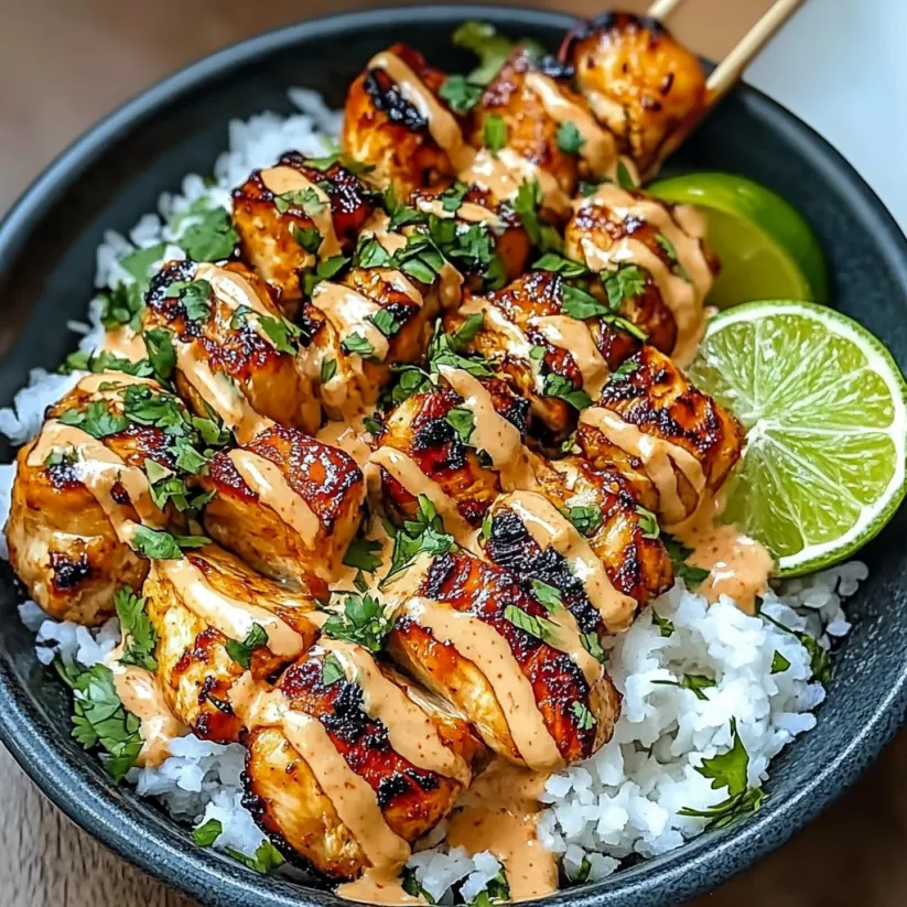 A bowl of chicken with a sweet chili sauce and coconut lime drizzle.