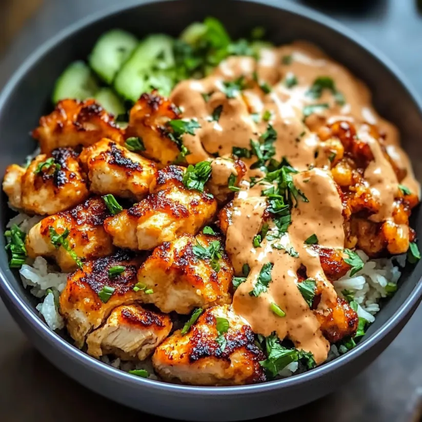 A bowl of bang bang chicken with rice and sauce.
