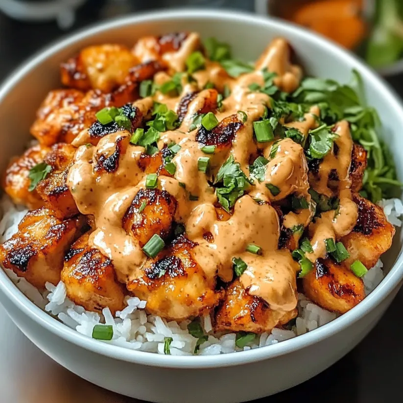 A bowl of bang bang chicken with rice and sauce.