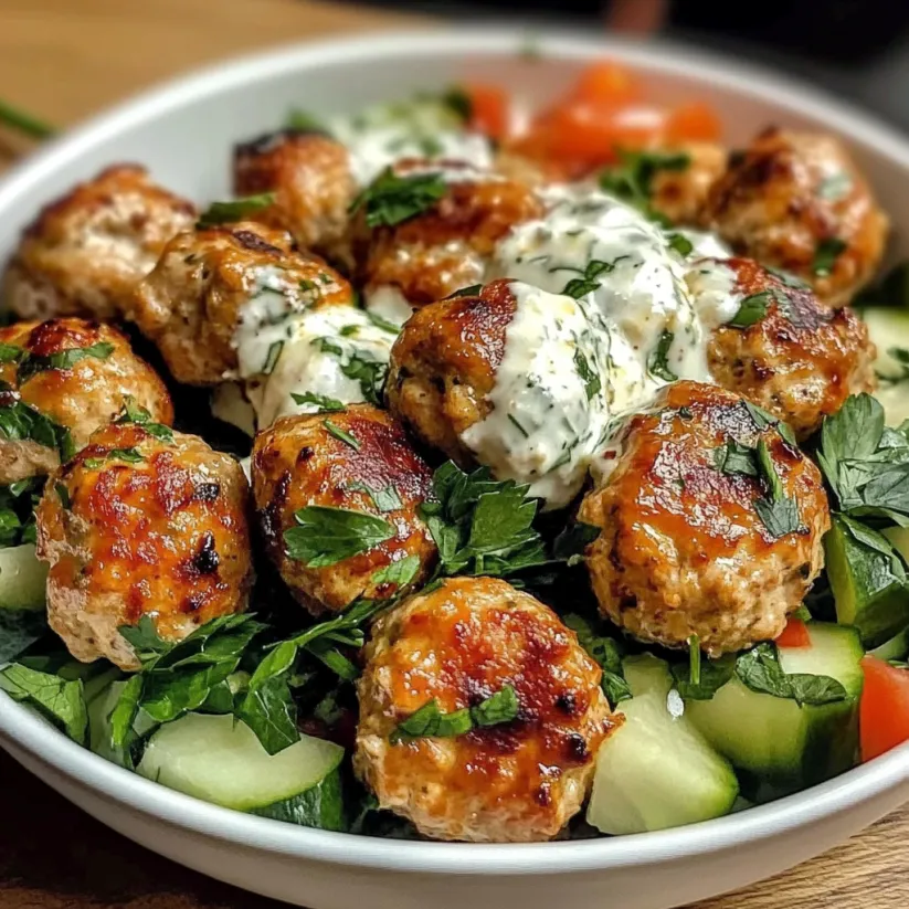A bowl of meatballs with a white sauce.