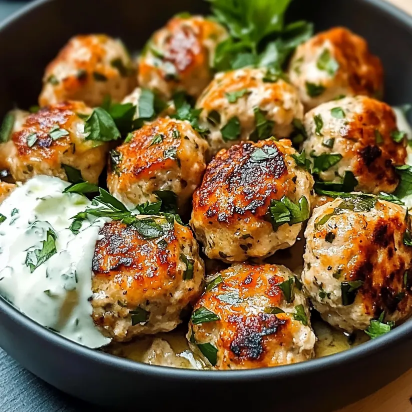 A bowl of meatballs with a white sauce.