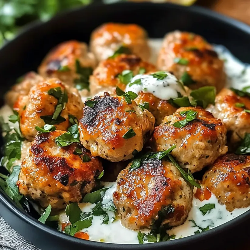 A bowl of meatballs with sauce and herbs.